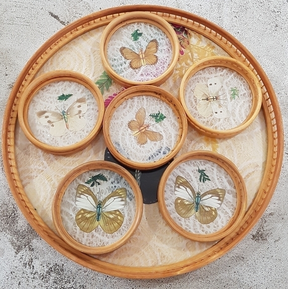 1970s Pressed Butterfly Bamboo Coaster & Tray Set - Picture 5 of 11